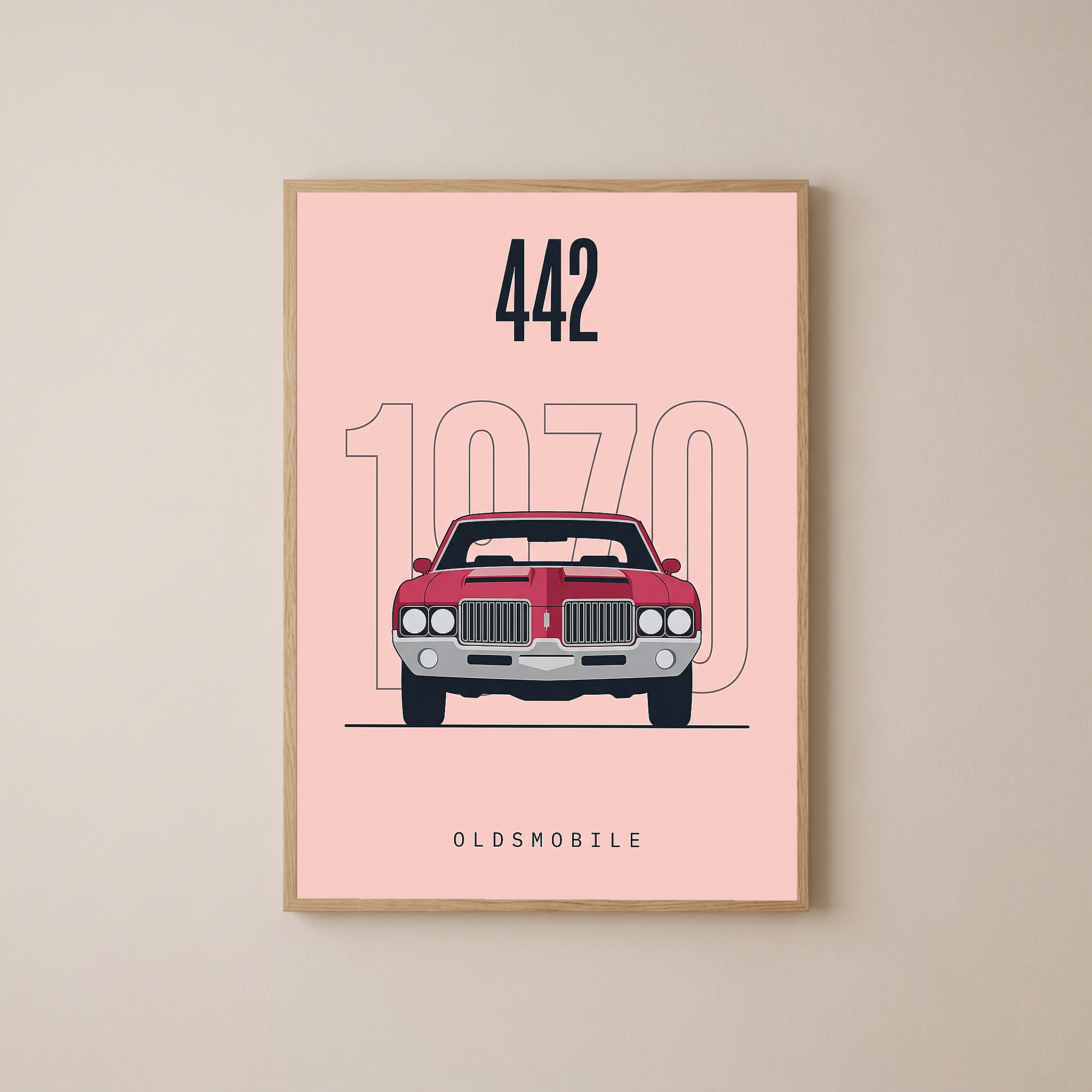 Oldsmobile 442 1970 Minimalist Poster — Blush Pink Muscle Car Line Art