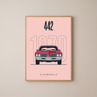 Oldsmobile 442 1970 Minimalist Poster — Blush Pink Muscle Car Line Art
