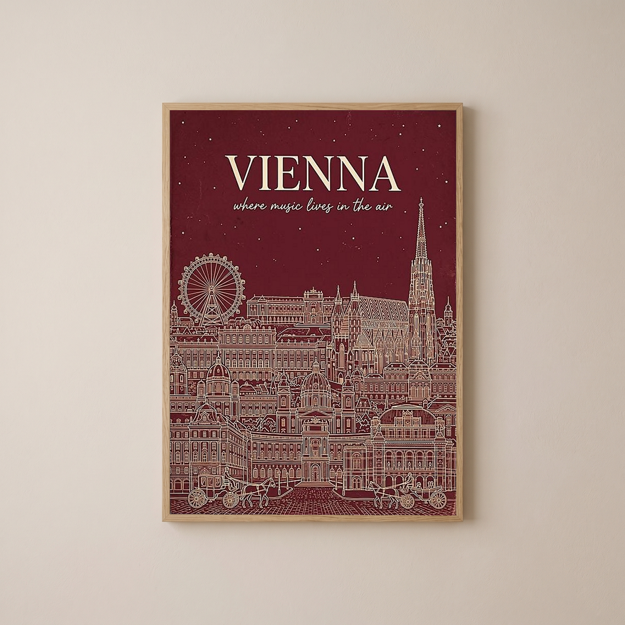 Vienna Line Art Print — Cherry Red St. Stephen's Cathedral Skyline Wall Art