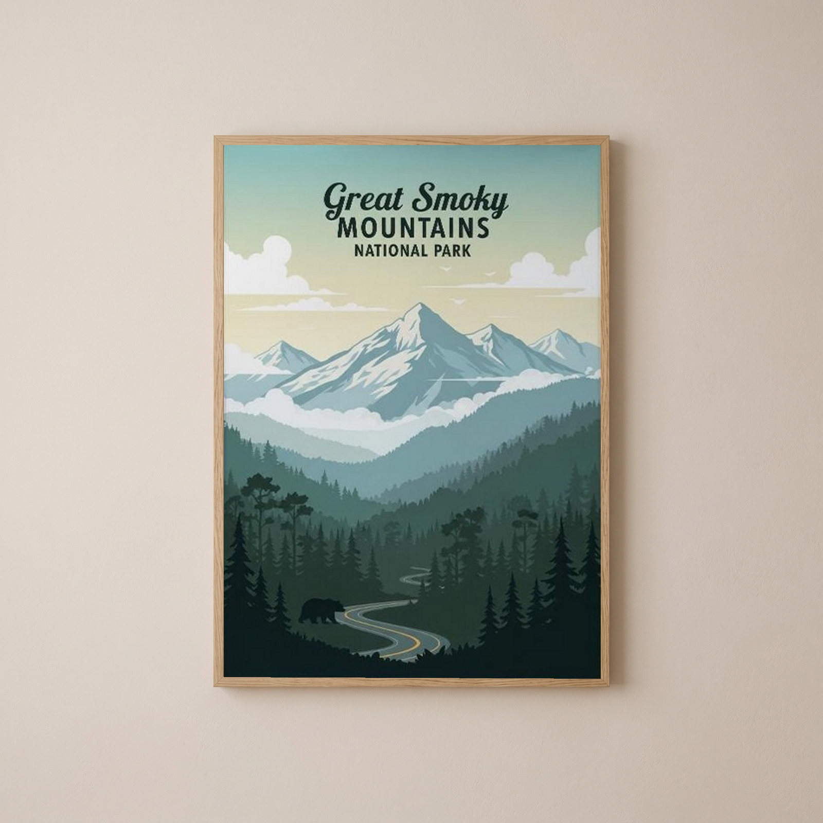 Great Smoky Mountains National Park Poster — Vintage Black Bear Foggy Ridges Print