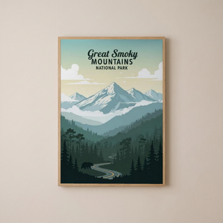 Great Smoky Mountains National Park Poster — Vintage Black Bear Foggy Ridges Print