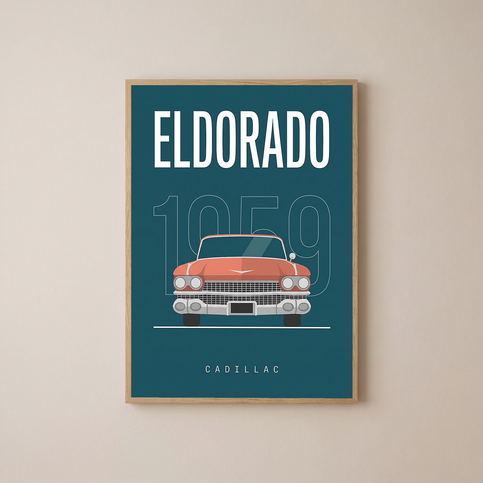 Cadillac Eldorado 1959 Minimalist Poster — Teal Tail-Fin Classic Line Art