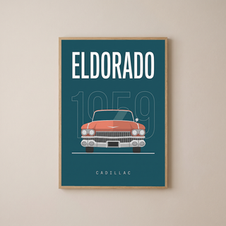 Cadillac Eldorado 1959 Minimalist Poster — Teal Tail-Fin Classic Line Art