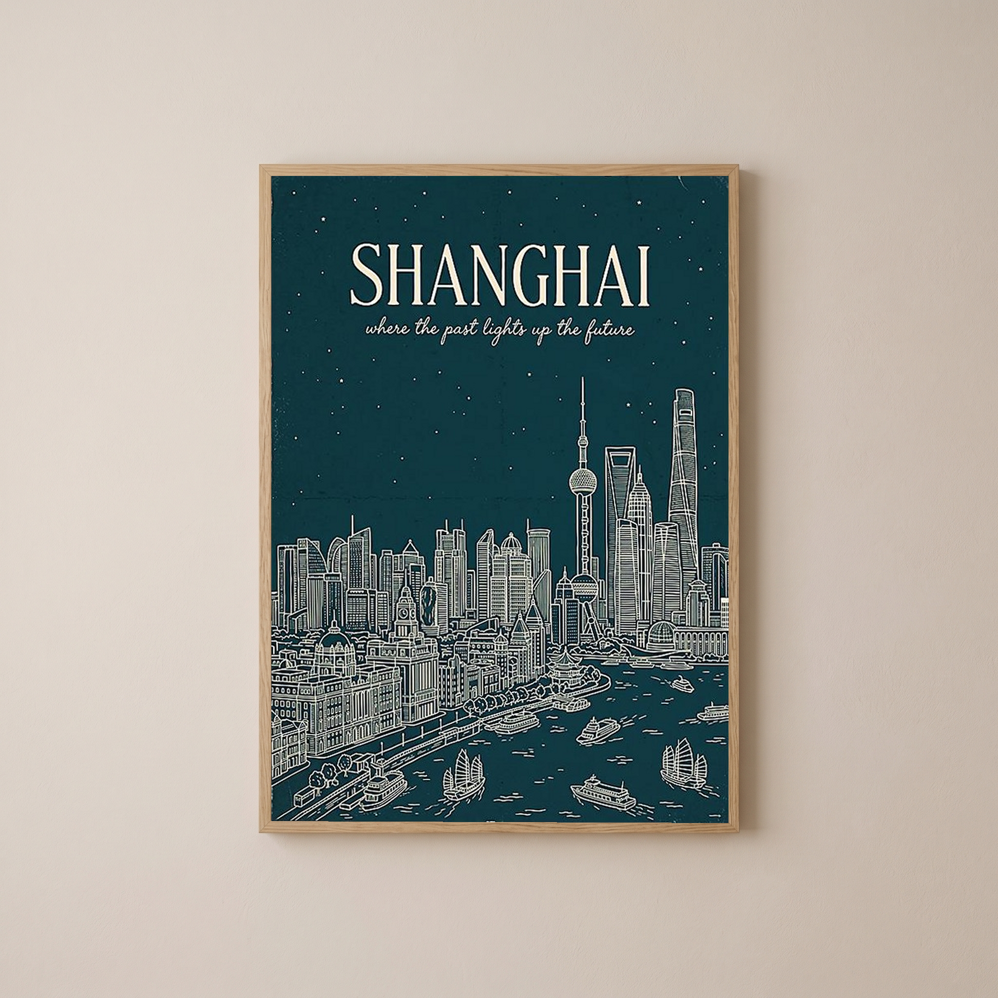Shanghai Line Art Print — Teal Oriental Pearl Tower The Bund Skyline Wall Art