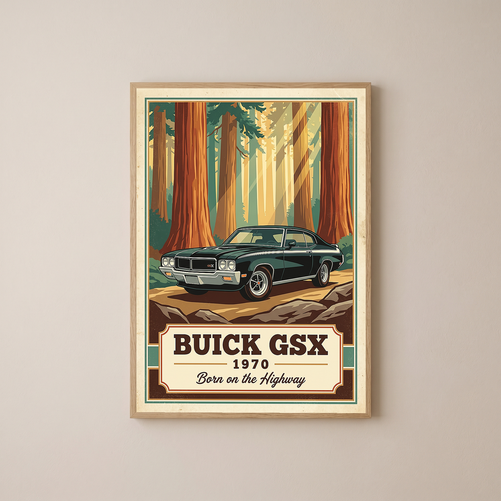 Buick GSX 1970 V2 Poster — Vintage Muscle Redwood Forest Light Beam Print