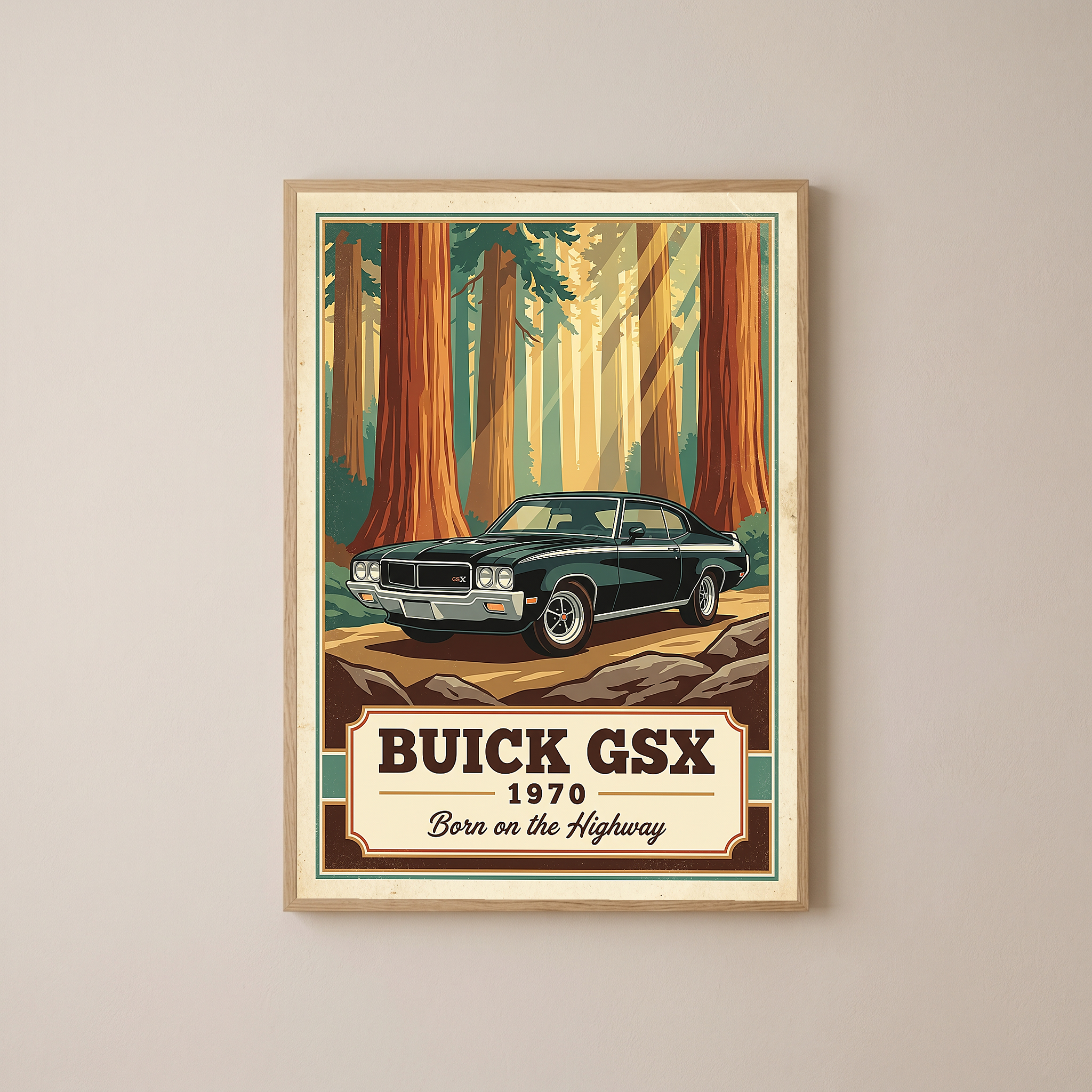 Buick GSX 1970 V2 Poster — Vintage Muscle Redwood Forest Light Beam Print