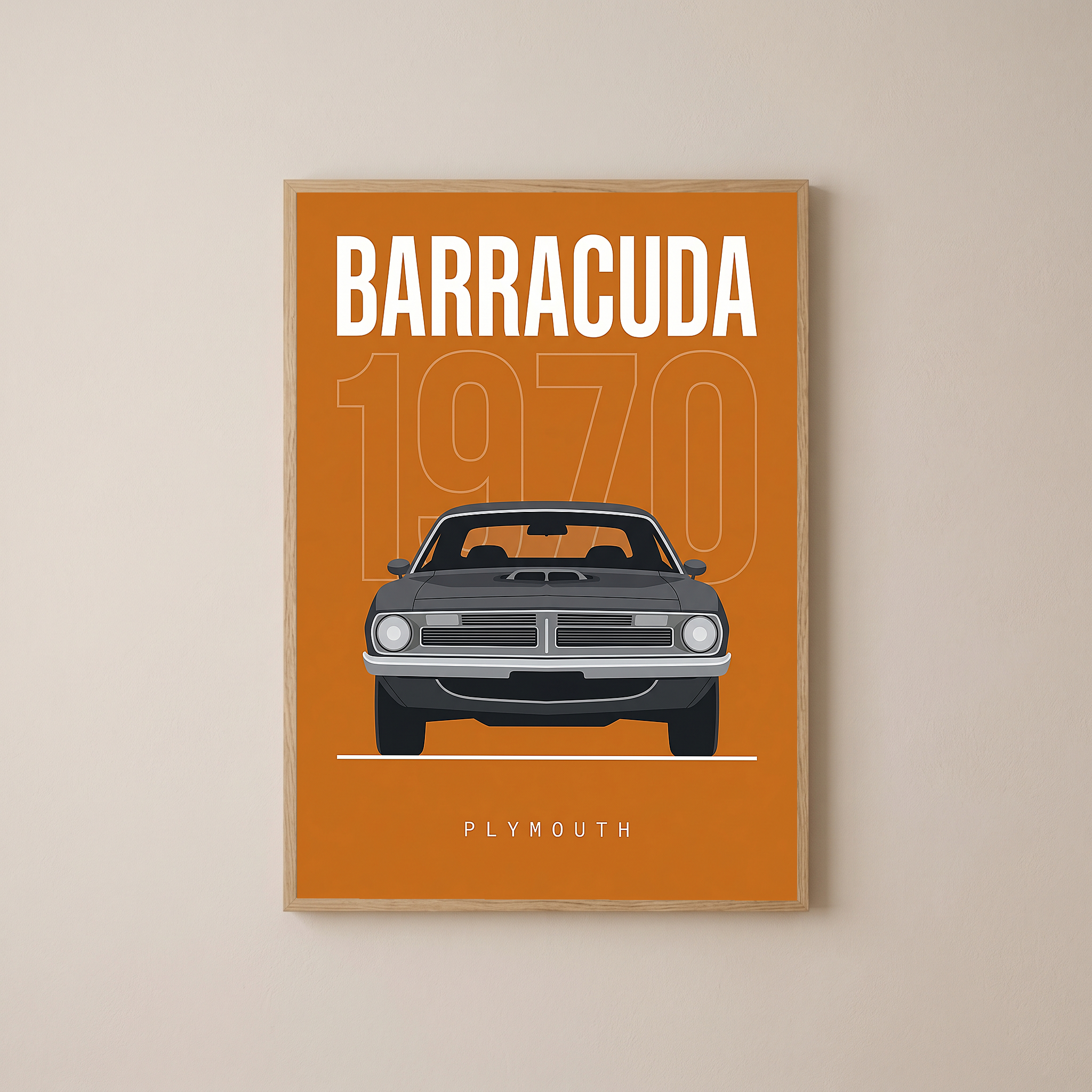 Plymouth Barracuda 1970 Minimalist Poster — Orange Muscle Car Line Art