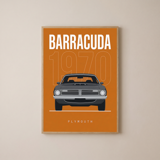 Plymouth Barracuda 1970 Minimalist Poster — Orange Muscle Car Line Art