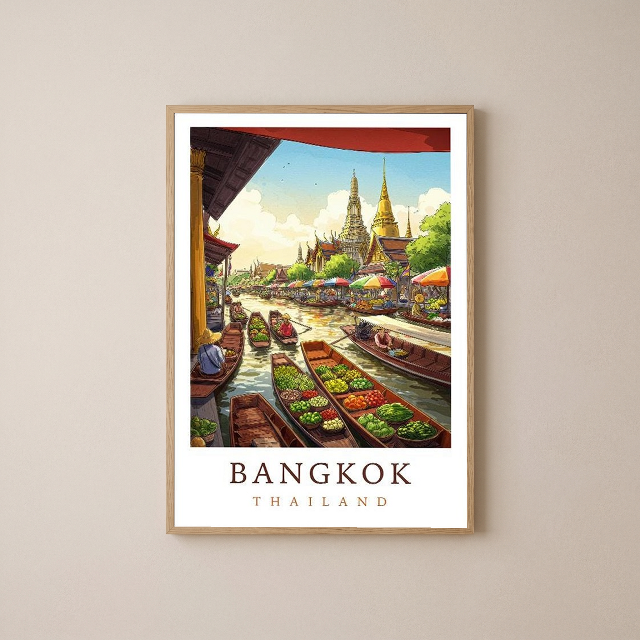 Bangkok Thailand Travel Poster — Floating Market Wat Arun Print