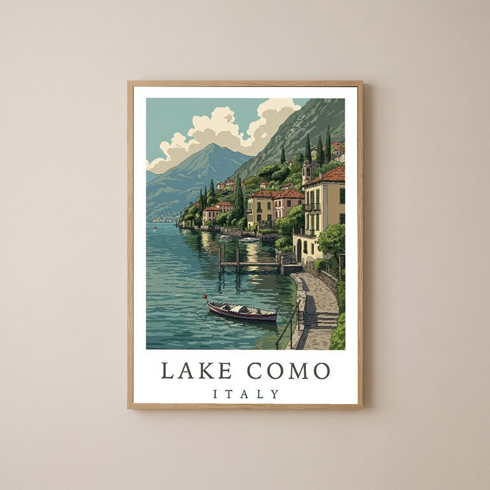 Lake Como Italy Travel Poster — Lakeside Village Boat Landscape Print