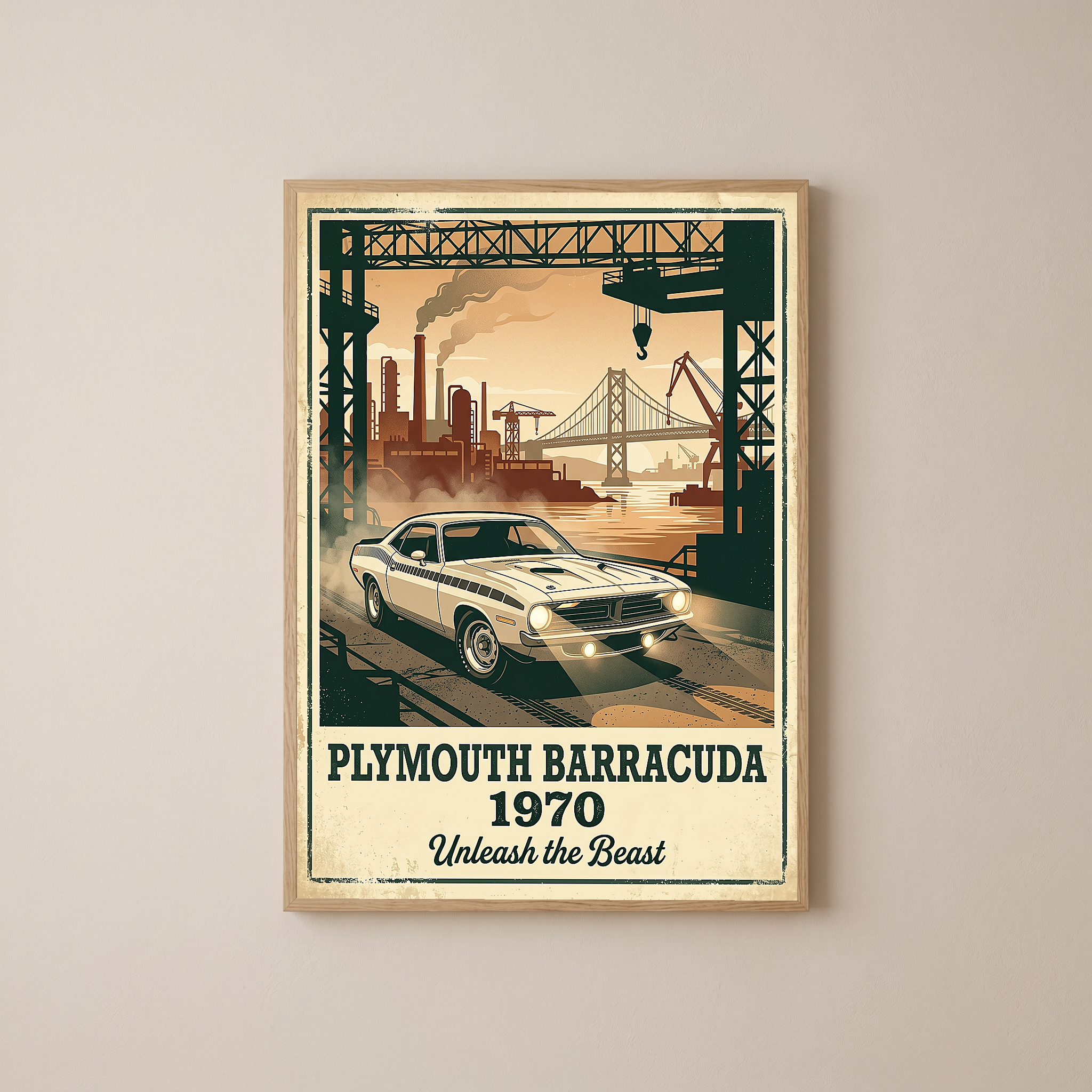 Plymouth Barracuda 1970 V2 Poster — Vintage Muscle Car Industrial Port Print
