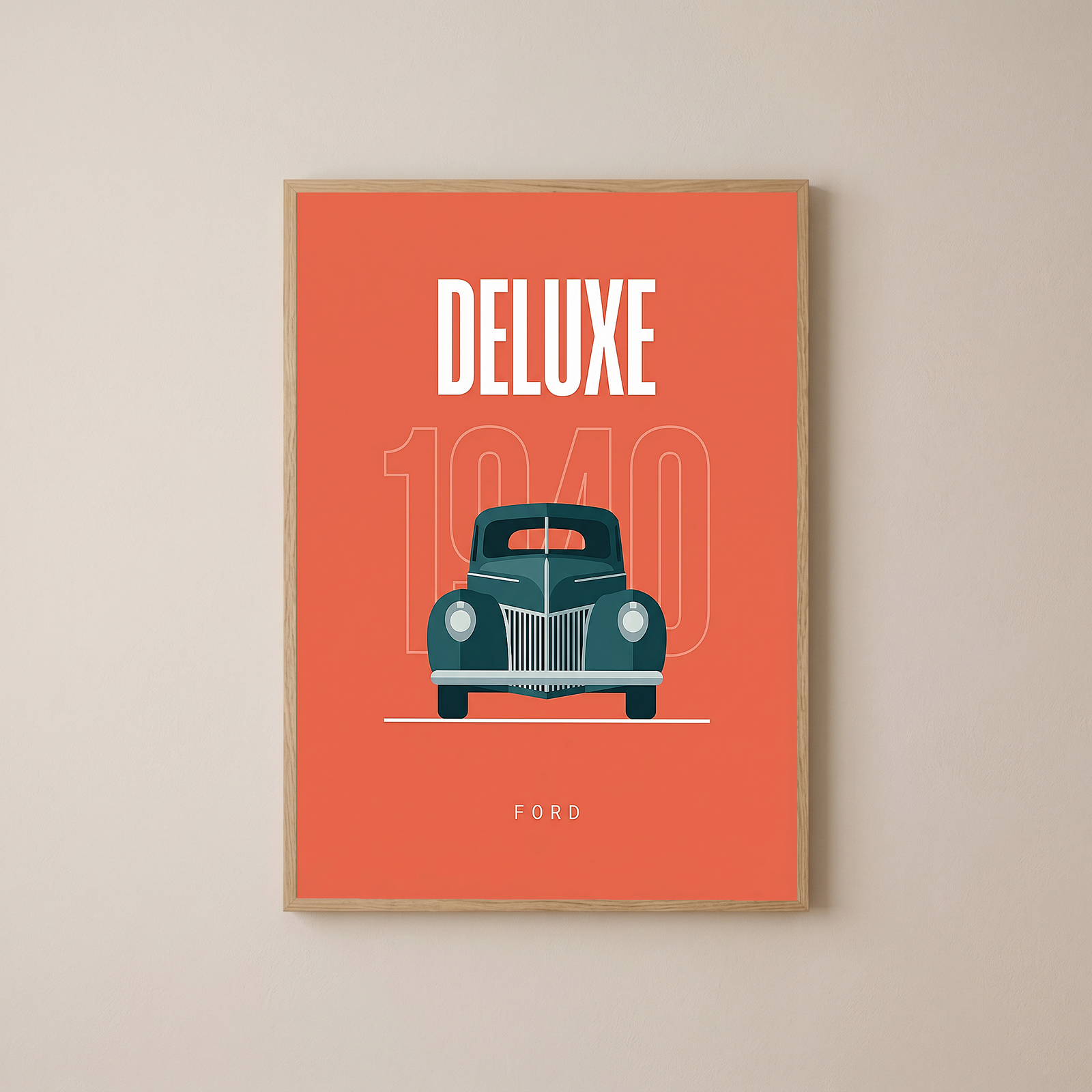 Ford Deluxe 1940 Minimalist Poster — Coral Pre-War Classic Line Art