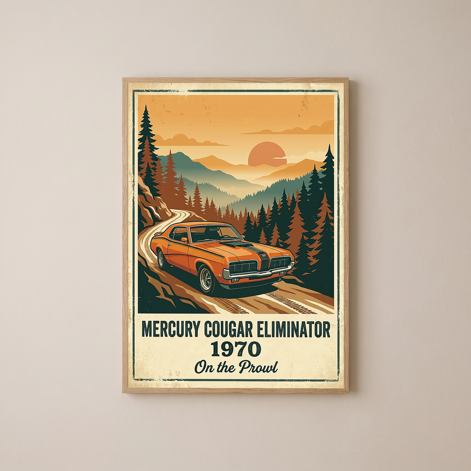 Mercury Cougar Eliminator 1970 V2 Poster — Vintage Muscle Car Pine Forest Sunset