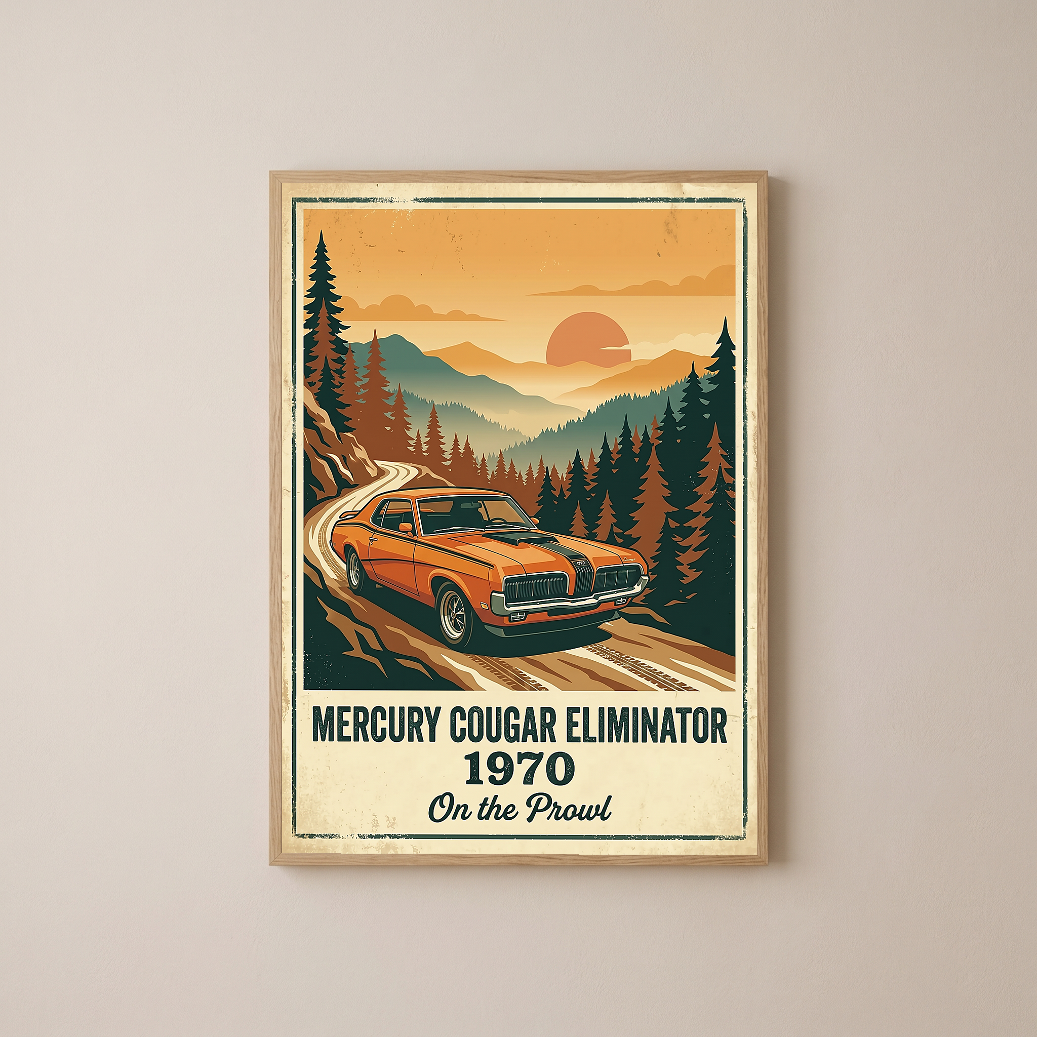 Mercury Cougar Eliminator 1970 V2 Poster — Vintage Muscle Car Pine Forest Sunset