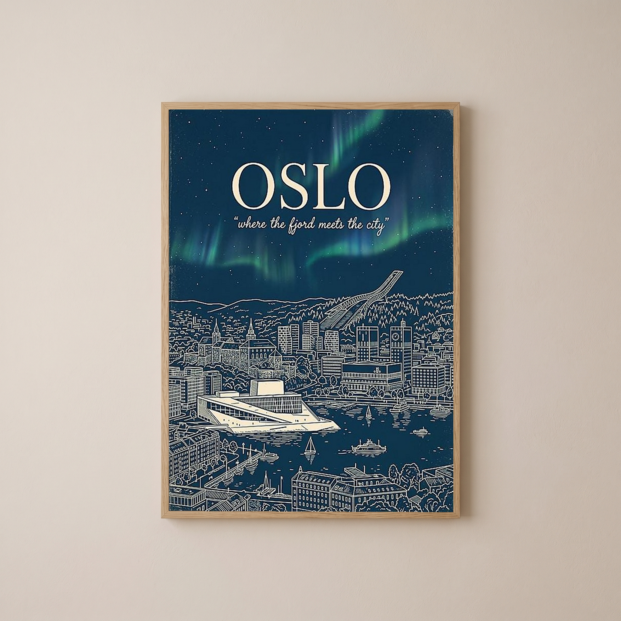 Oslo Line Art Print — Navy Opera House Fjord Aurora Borealis Skyline Wall Art