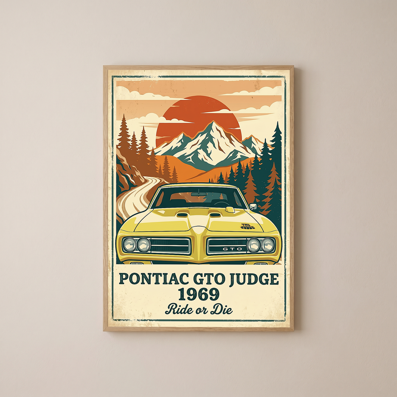 Pontiac GTO Judge 1969 Poster — Vintage Muscle Car Mountain Sunset Print
