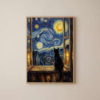 Black Cat Window Print — Van Gogh Starry Night Cozy Cottage Wall Art