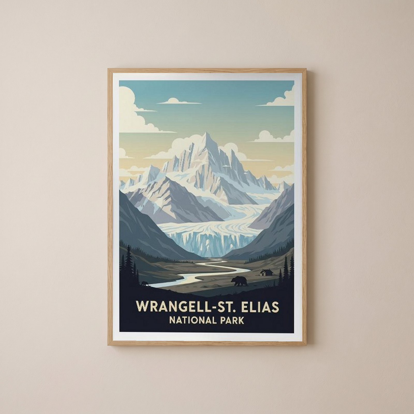 Wrangell-St. Elias National Park Poster — Vintage Alaska Glacier Mountain Bear Print