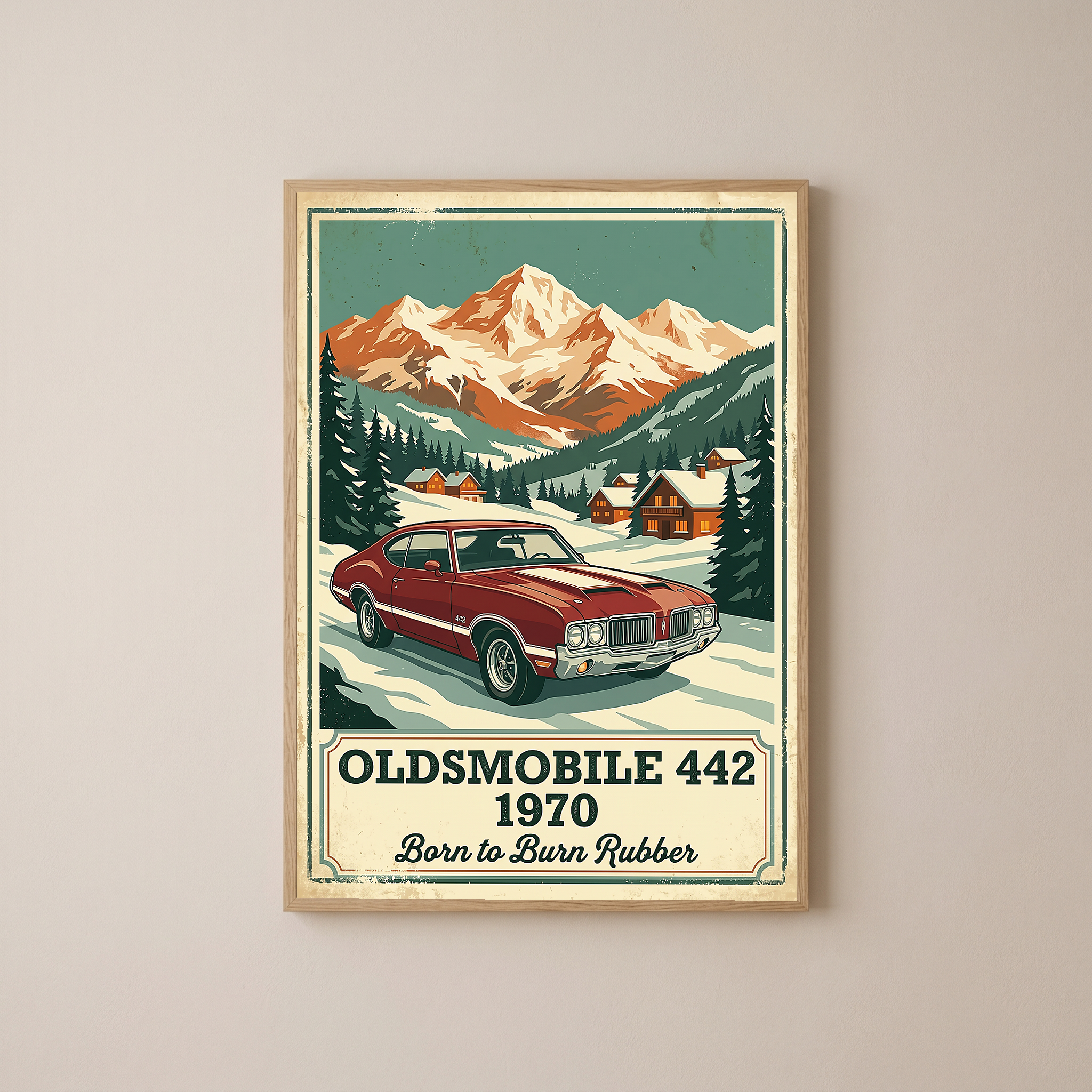 Oldsmobile 442 1970 V2 Poster — Vintage Muscle Winter Alpine Village Print