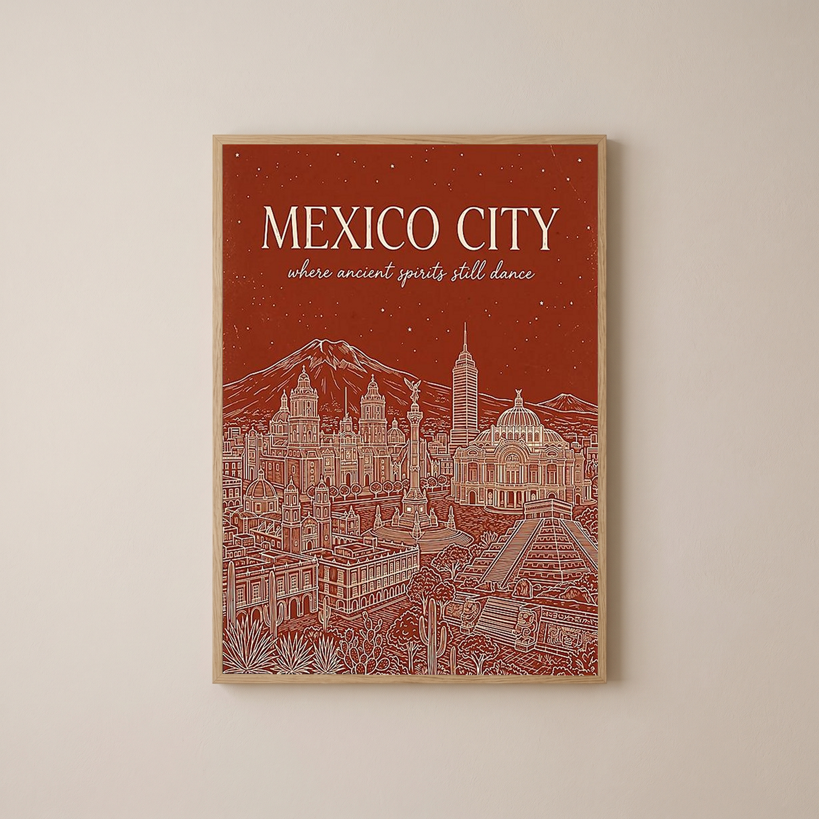 Mexico City Line Art Print — Rust Bellas Artes Templo Mayor Skyline Wall Art