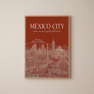 Mexico City Line Art Print — Rust Bellas Artes Templo Mayor Skyline Wall Art