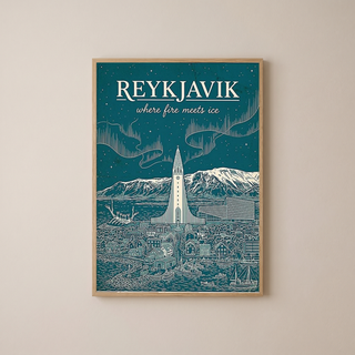 Reykjavik Line Art Print — Teal Hallgrímskirkja Aurora Skyline Wall Art