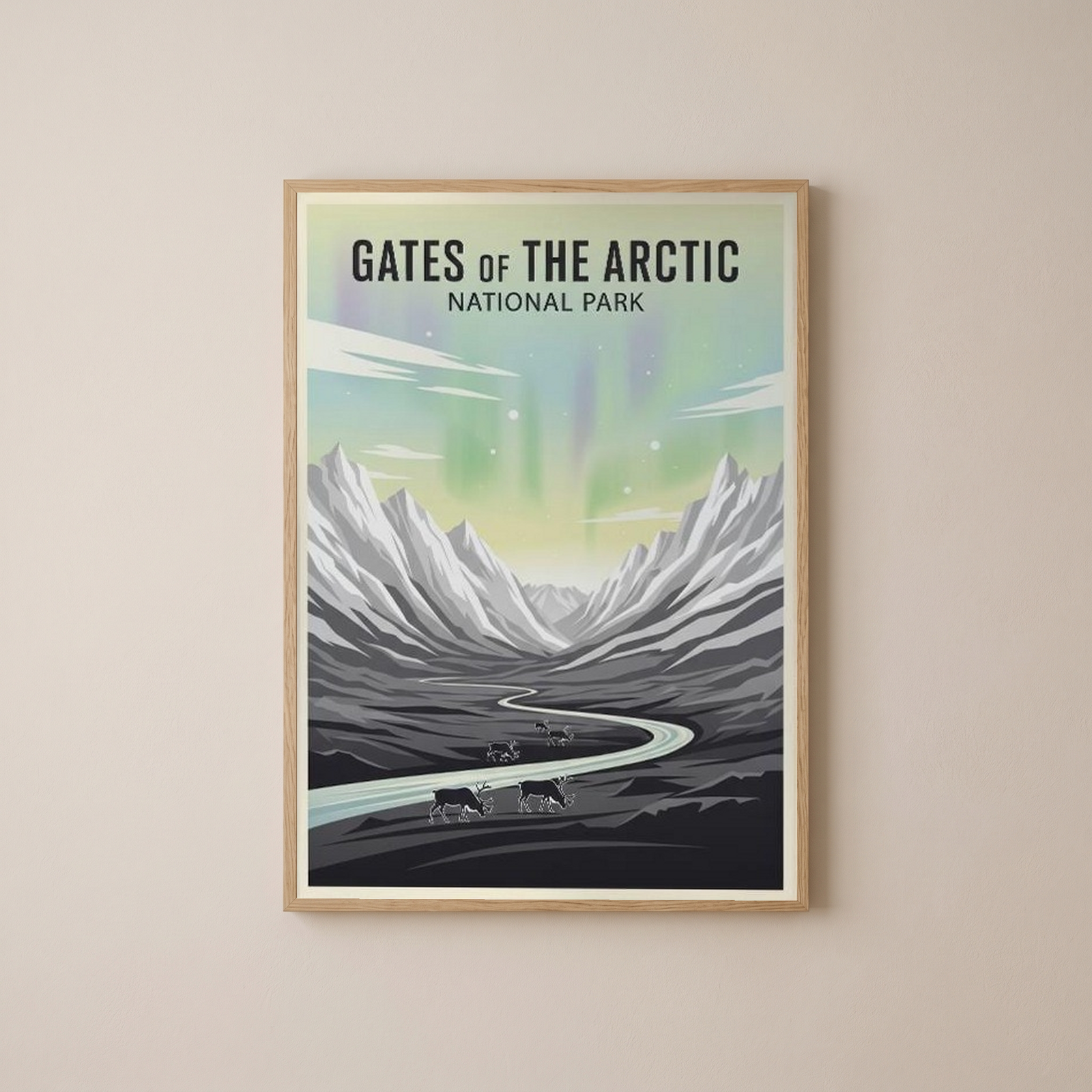 Gates of the Arctic National Park Poster — Vintage Alaska Aurora Caribou Print