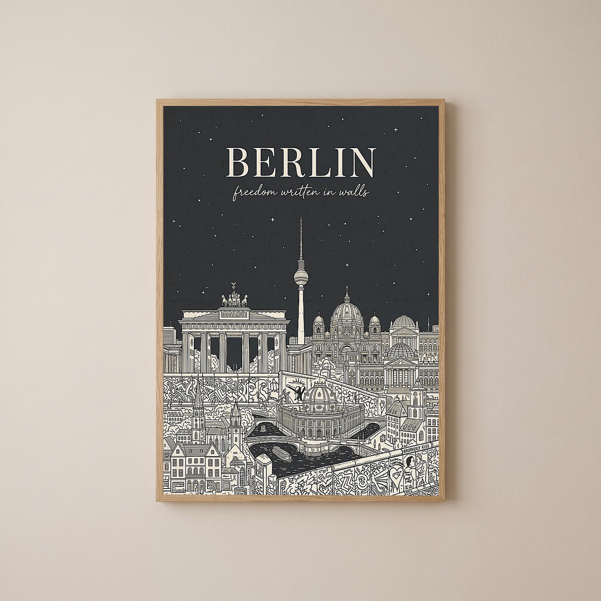 Berlin Line Art Print — Charcoal Brandenburg Gate TV Tower Skyline Wall Art