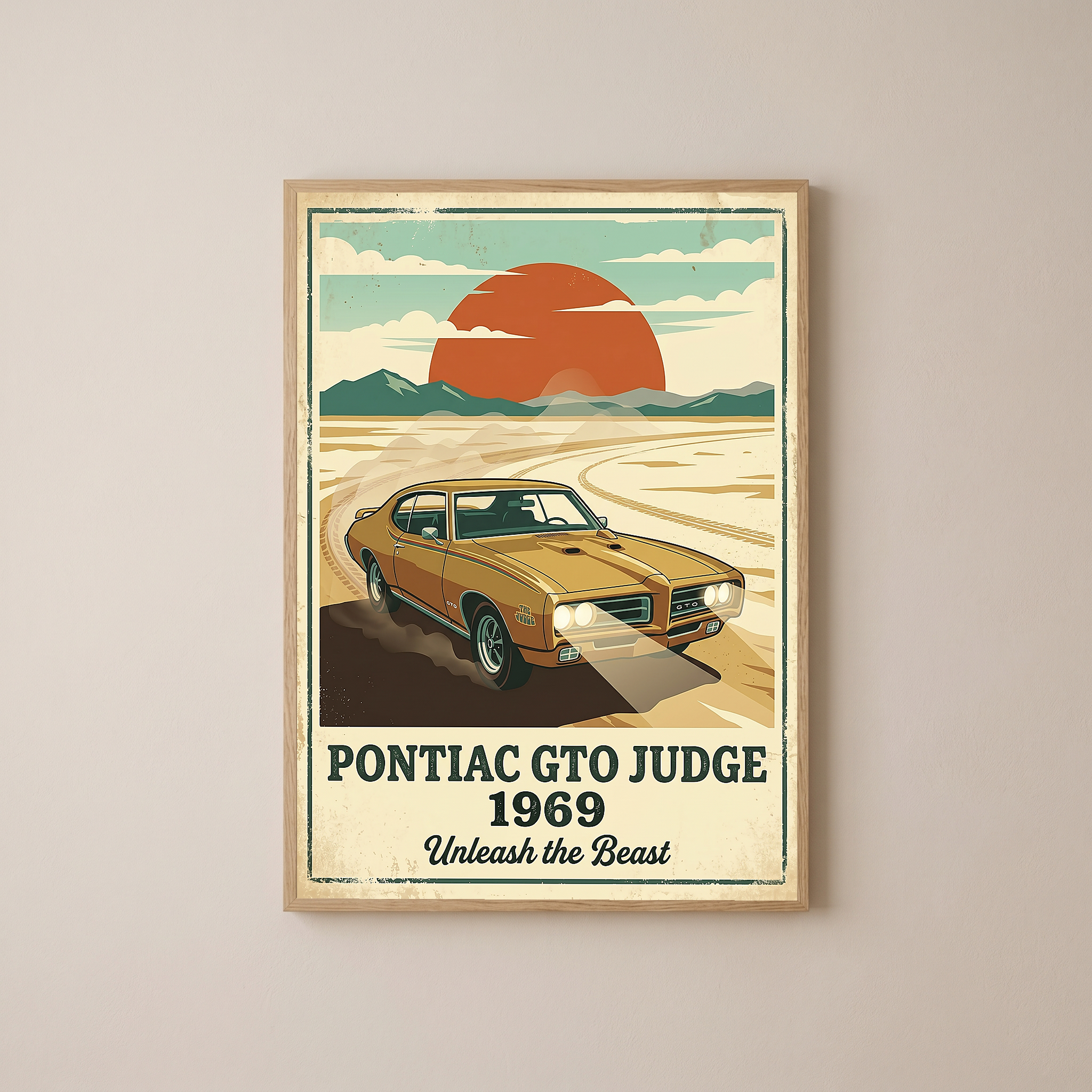Pontiac GTO Judge 1969 V2 Poster — Vintage Muscle Car Desert Sunset Print