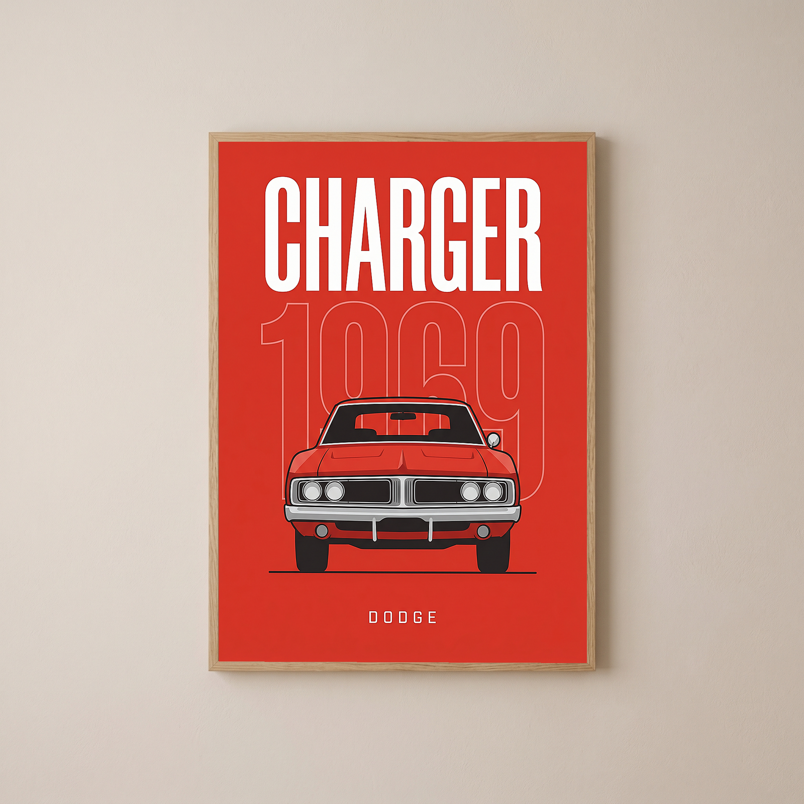 Dodge Charger 1969 Minimalist Poster — Red Muscle Car Line Art