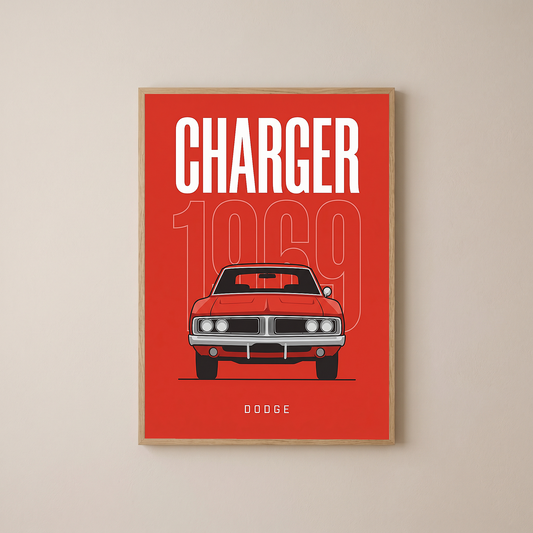 Dodge Charger 1969 Minimalist Poster — Red Muscle Car Line Art