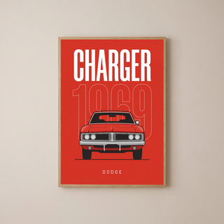 Dodge Charger 1969 Minimalist Poster — Red Muscle Car Line Art