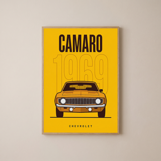 Chevrolet Camaro 1969 V2 Yellow Minimalist Poster — Muscle Car Line Art