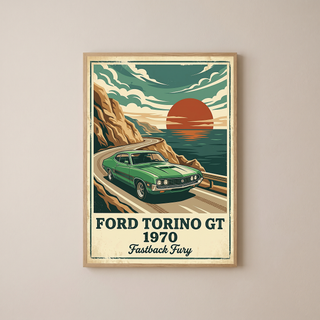 Ford Torino GT 1970 Poster — Vintage Muscle Car Coastal Cliff Sunset Print