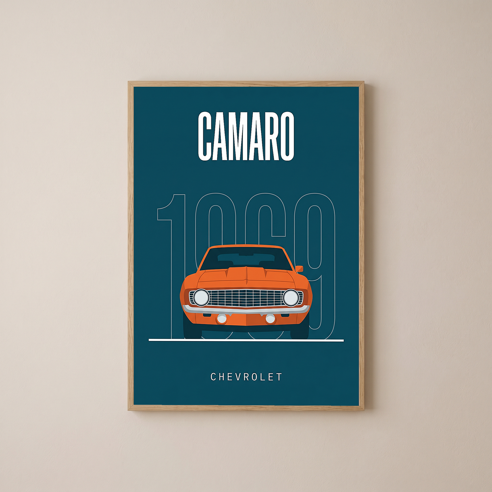 Chevrolet Camaro 1969 Minimalist Poster — Teal Muscle Car Line Art