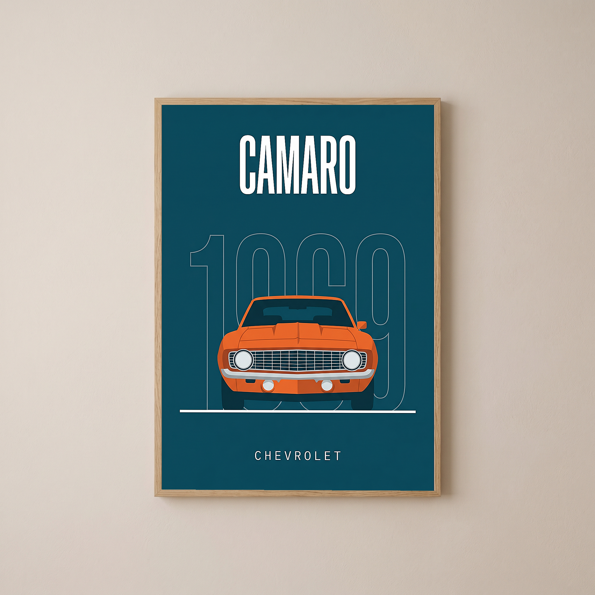 Chevrolet Camaro 1969 Minimalist Poster — Teal Muscle Car Line Art