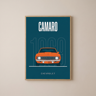 Chevrolet Camaro 1969 Minimalist Poster — Teal Muscle Car Line Art