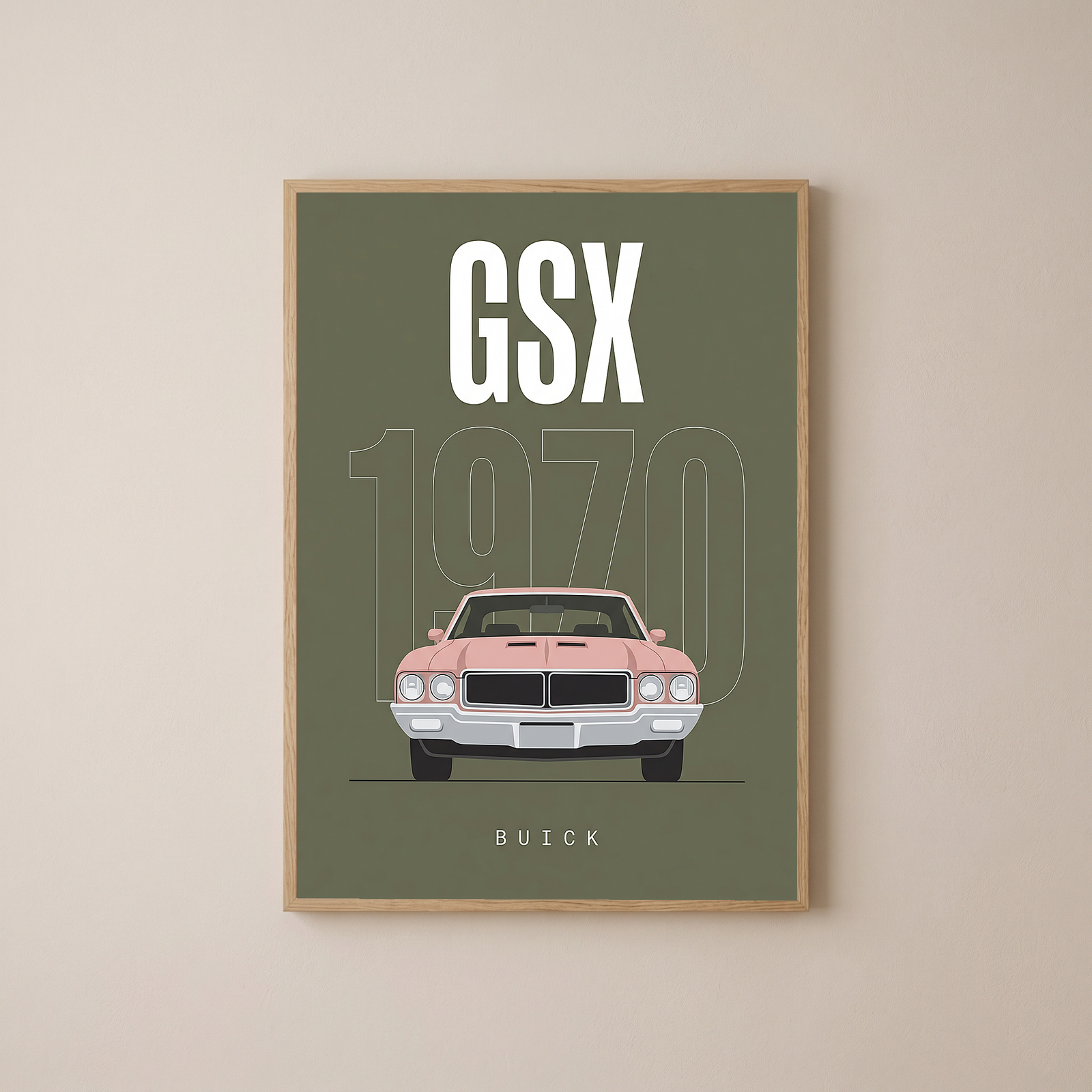 Buick GSX 1970 Minimalist Poster — Olive Sage Muscle Car Line Art