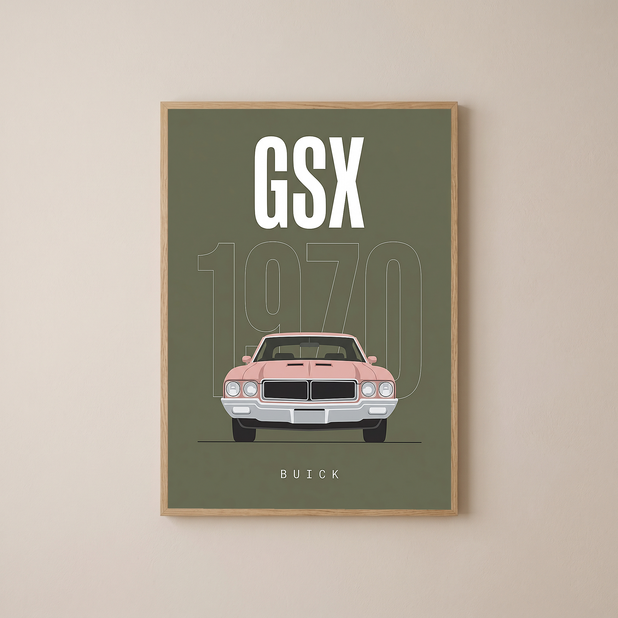 Buick GSX 1970 Minimalist Poster — Olive Sage Muscle Car Line Art