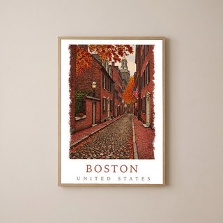 Boston USA Travel Poster — Acorn Street Beacon Hill Fall Foliage Print