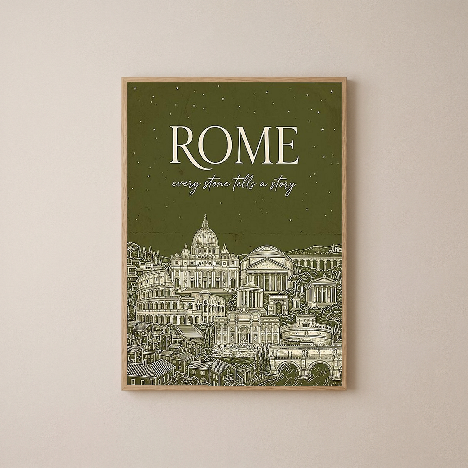Rome Line Art Print — Olive Green Colosseum Vatican Skyline Wall Art