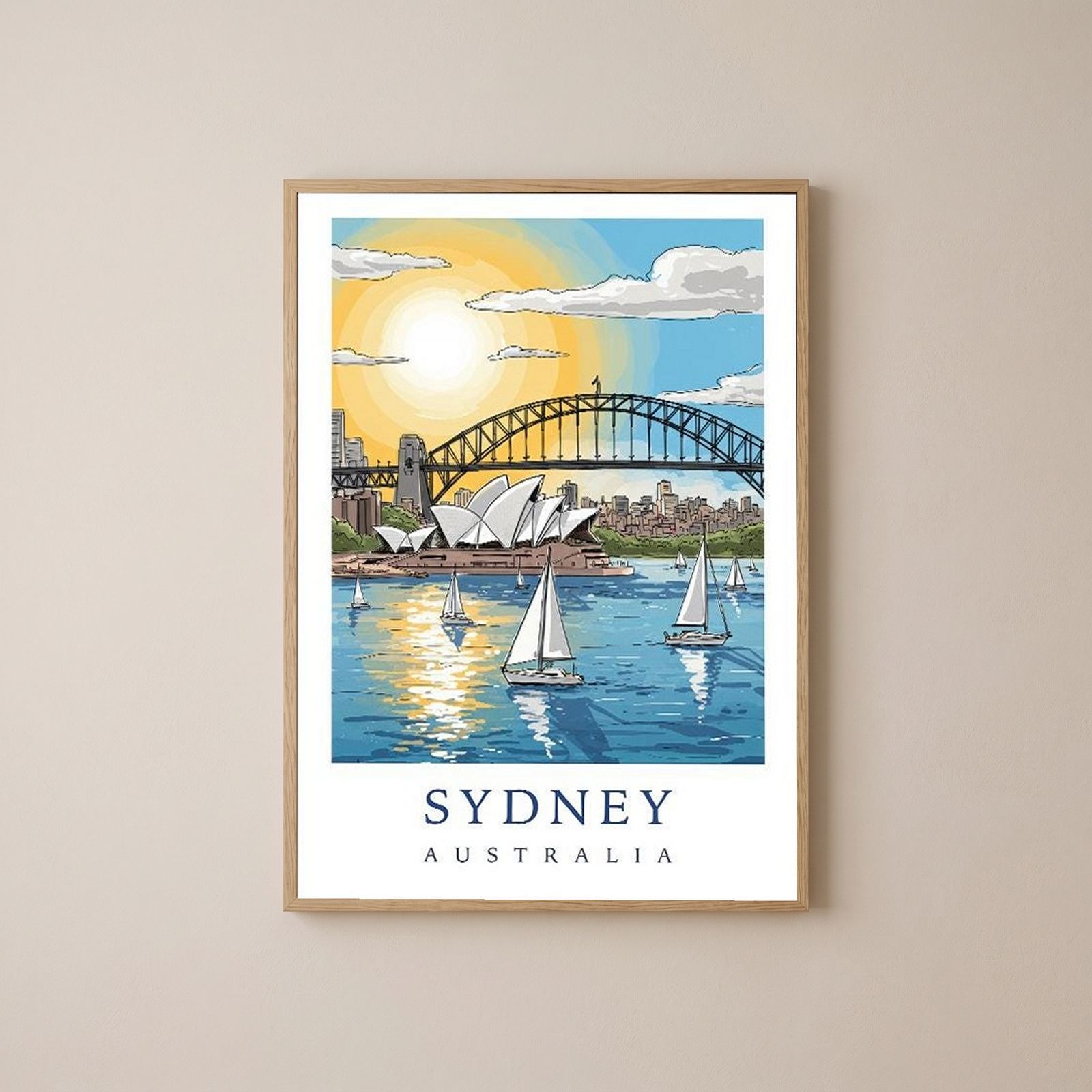 Sydney Australia Travel Poster — Opera House Harbour Bridge Sailboat Print