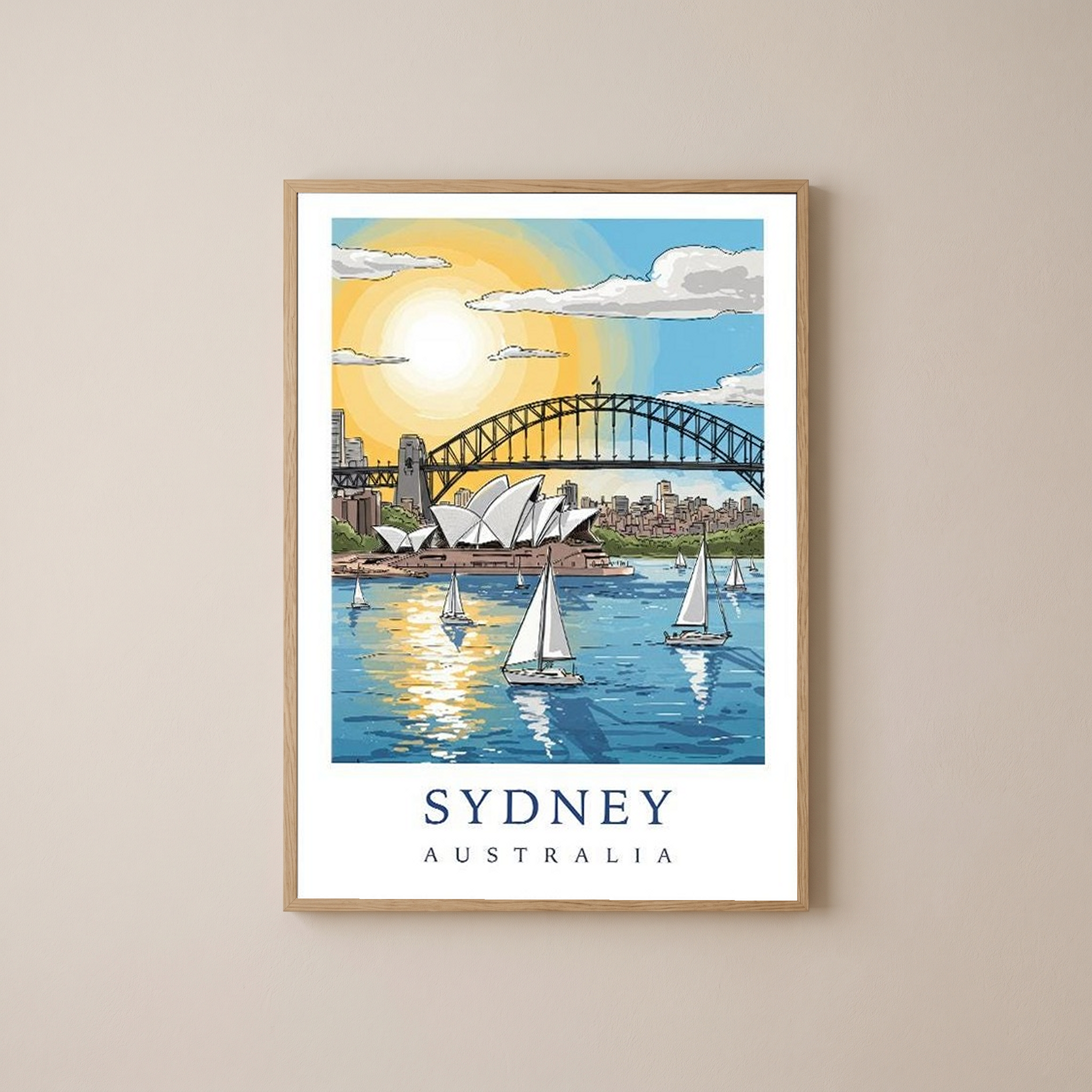Sydney Australia Travel Poster — Opera House Harbour Bridge Sailboat Print