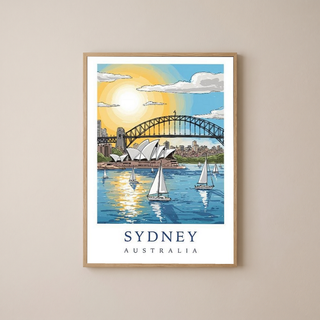Sydney Australia Travel Poster — Opera House Harbour Bridge Sailboat Print