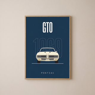 Pontiac GTO 1969 Minimalist Poster — Navy Muscle Car Line Art