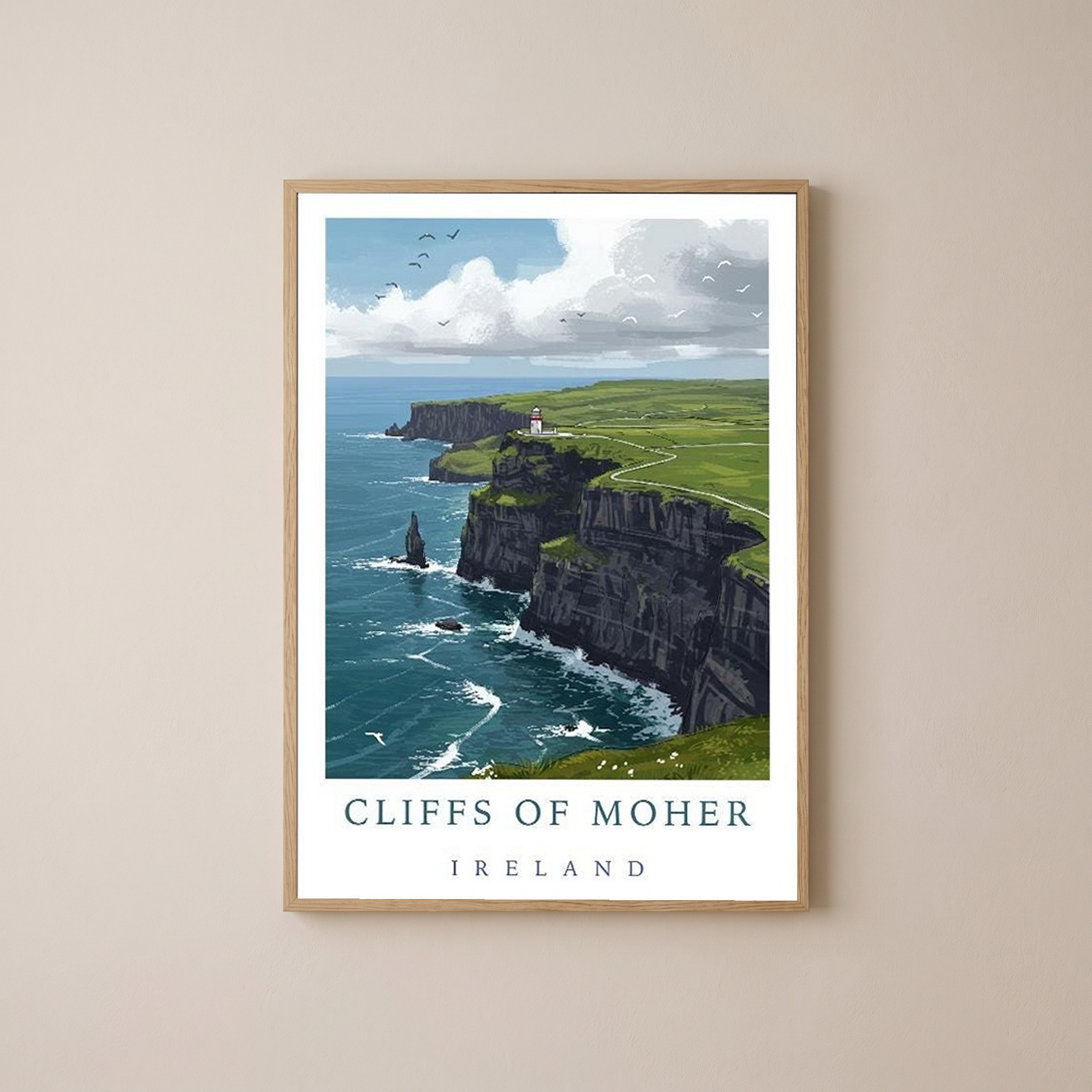 Cliffs of Moher Ireland Travel Poster — Coastal Lighthouse Atlantic Print