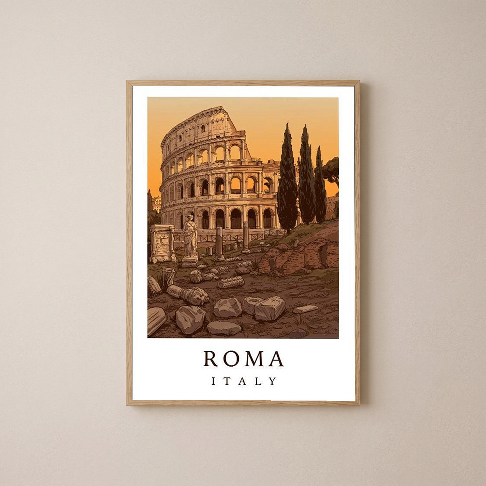 Rome Italy Travel Poster — Colosseum Ancient Ruins Cypress Print