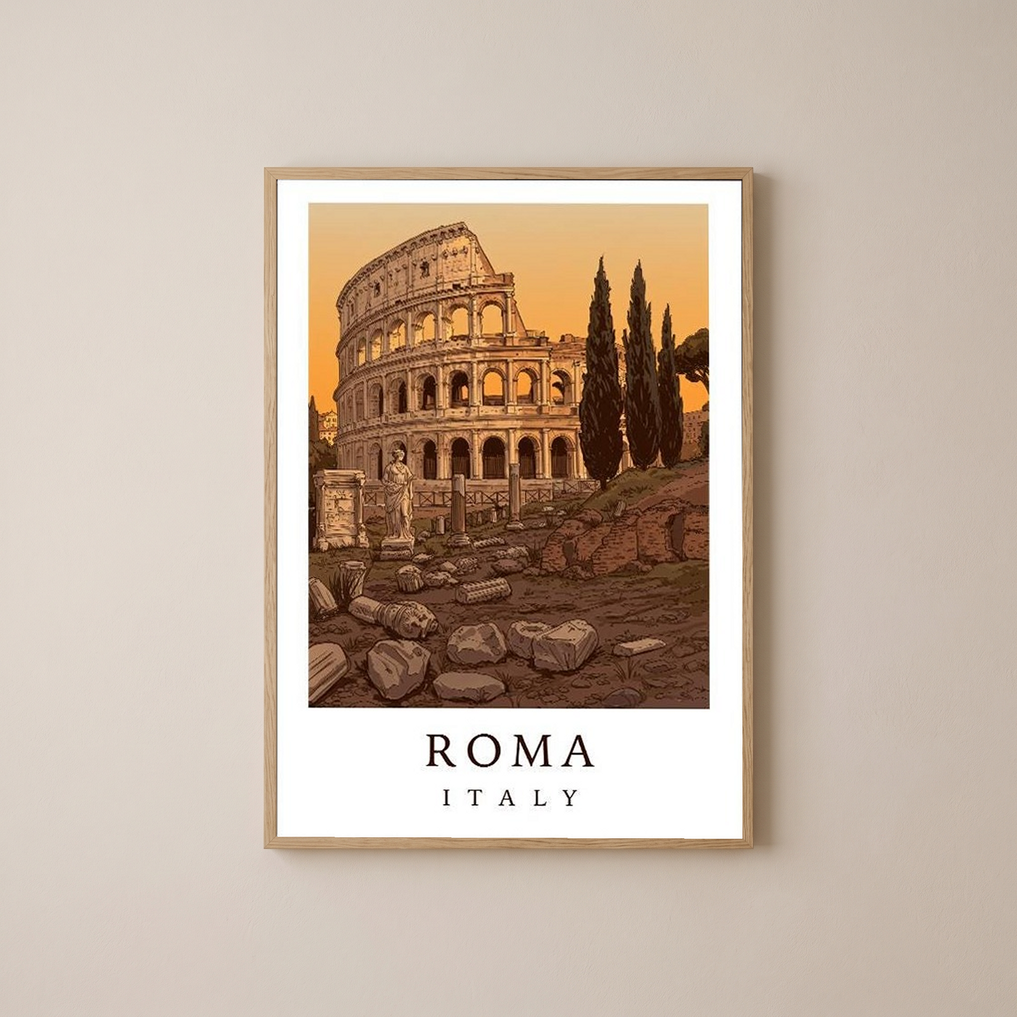 Rome Italy Travel Poster — Colosseum Ancient Ruins Cypress Print