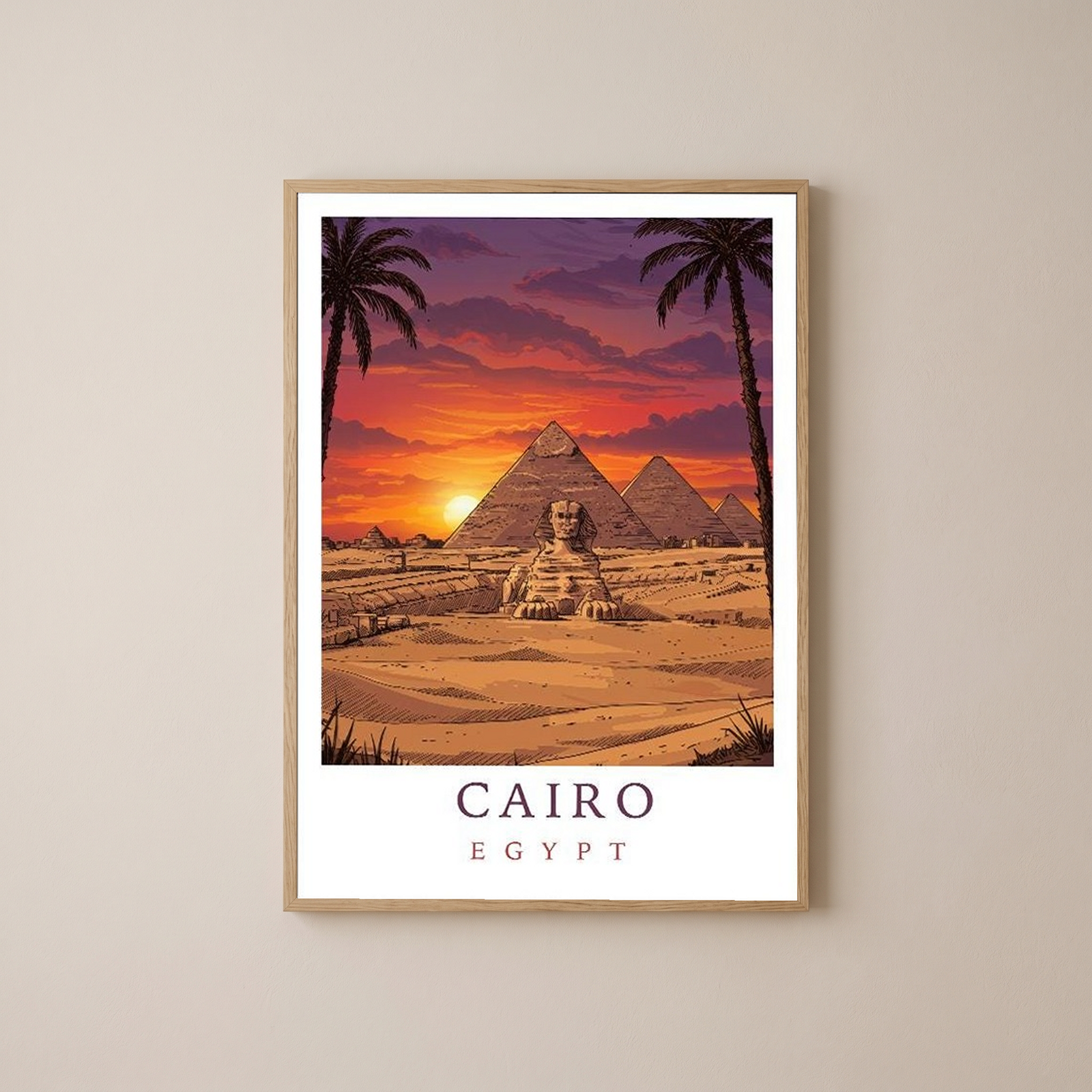 Cairo Egypt Travel Poster — Pyramids Sphinx Sunset Wall Art Print