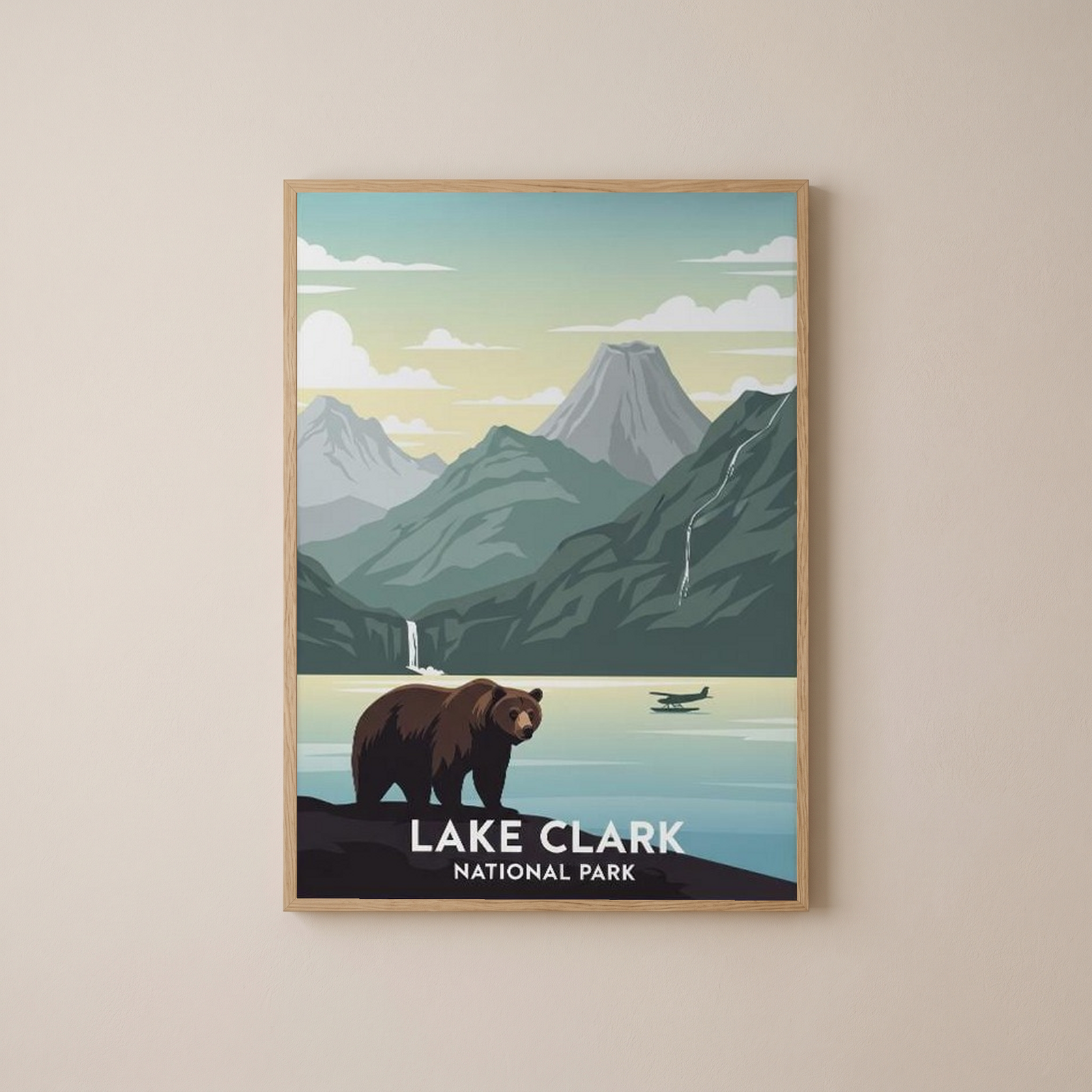 Lake Clark National Park Poster — Vintage Alaska Brown Bear Floatplane Print